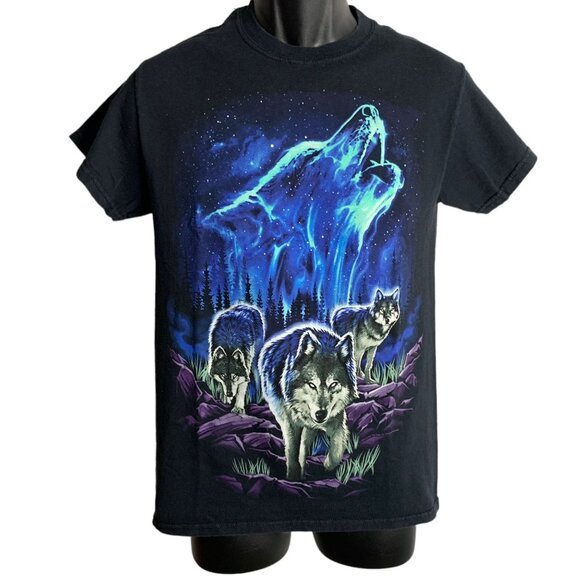 Howling Wolf Northern Lights T Shirt S Black Graphic Crewneck Short Sleeves - Picture 1 of 7